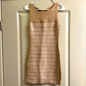 BEBE l Tan Sequin Mesh Top Bodycon Dress